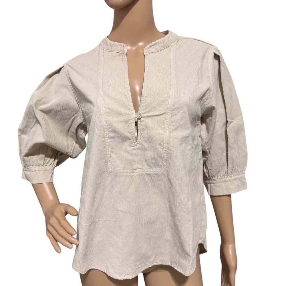 Nation LTD Los Angeles Corduroy Puff Sleeve Tunic Blouse Sand Beige S - Picture 2 of 10
